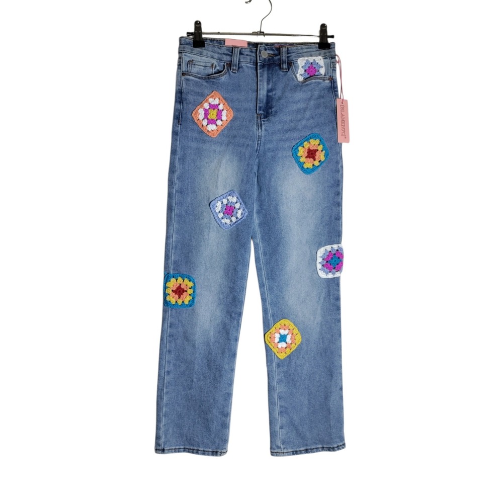 BlankNYC Kids Blue Crochet Patch Denim Jeans Straight Leg Boho Style Size 8